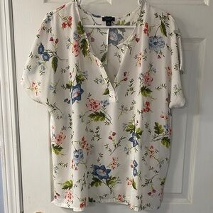 Ann Taylor Factory Floral Blouse in Cream with Blue and Green Details